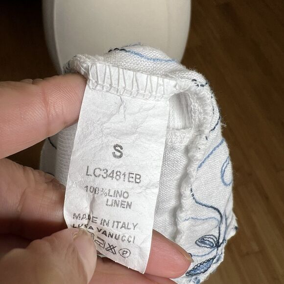 Luca Vanucci Top Womens Small Linen White Blue Floral Stitching Sleeveless - Picture 4 of 8